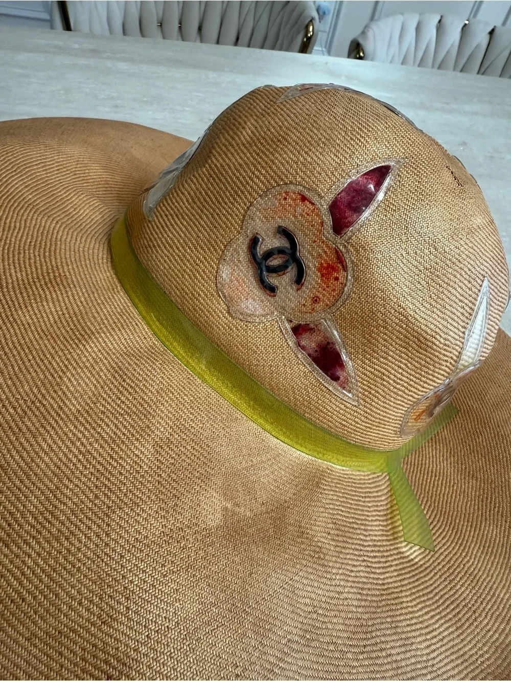 CHANEL Tan Straw Wide Brim Hat with Lime Ribbon